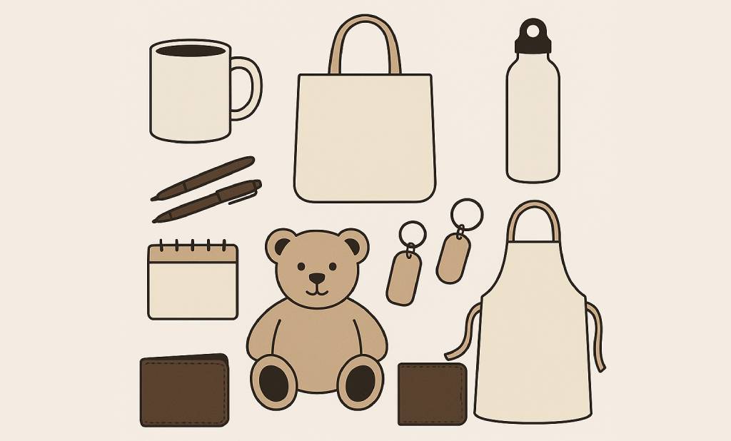 Illustration d'objets personnalisables : mug, gourde, tote bag, porte-clés, peluche et tablier